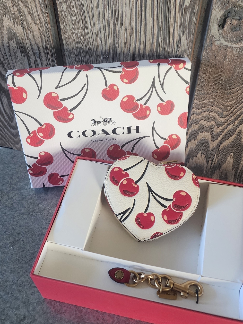 NWT Coach Cherry Heart Pouch In Box
